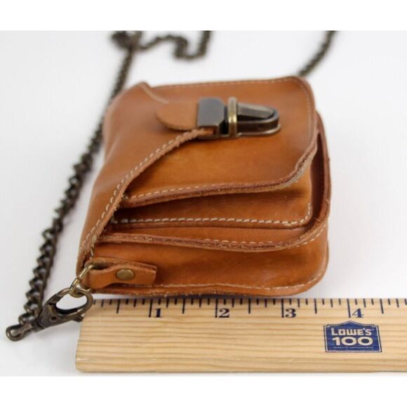 Roots TAN BROWN GENUINE LEATHER CHAIN FLAP X-BODY SHOULDER BAG MINI PURSE CLUTCH - Picture 13 of 15